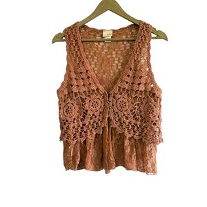 Daytrip Neutral Tan Crochet Lace Vest Button Up Hippie Boho Gypsy Western